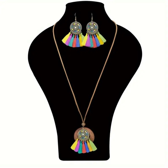 932 ❤️ 3 Pc Bohemian Ethnic Tassel Necklace Earring Jewelry Boho Set - Picture 7 of 8